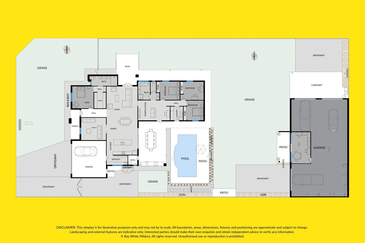 Floor and site plan of 2 Largo Drive, showing the residence, pool, garden and detached shed