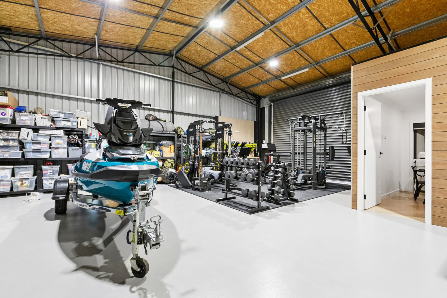 The shed interior and gym area